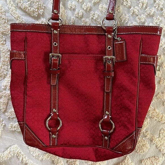 Coach Galaxy Tote Signature Canvas Red Silver Hardware Bag Purse - Picture 1 of 15